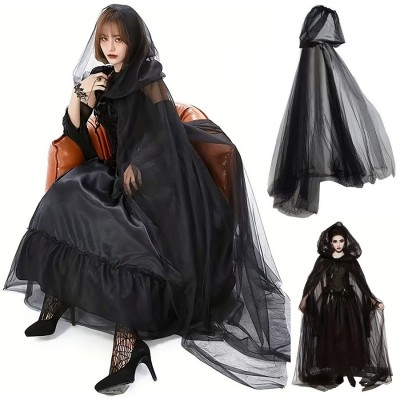 Halloween Hooded Tulle Witch Cloak, Gothic Vampire Cape for Cosplay Party